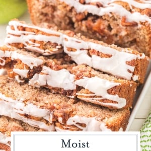 close up angled shot of sliced apple bread with text overlay for pinterest