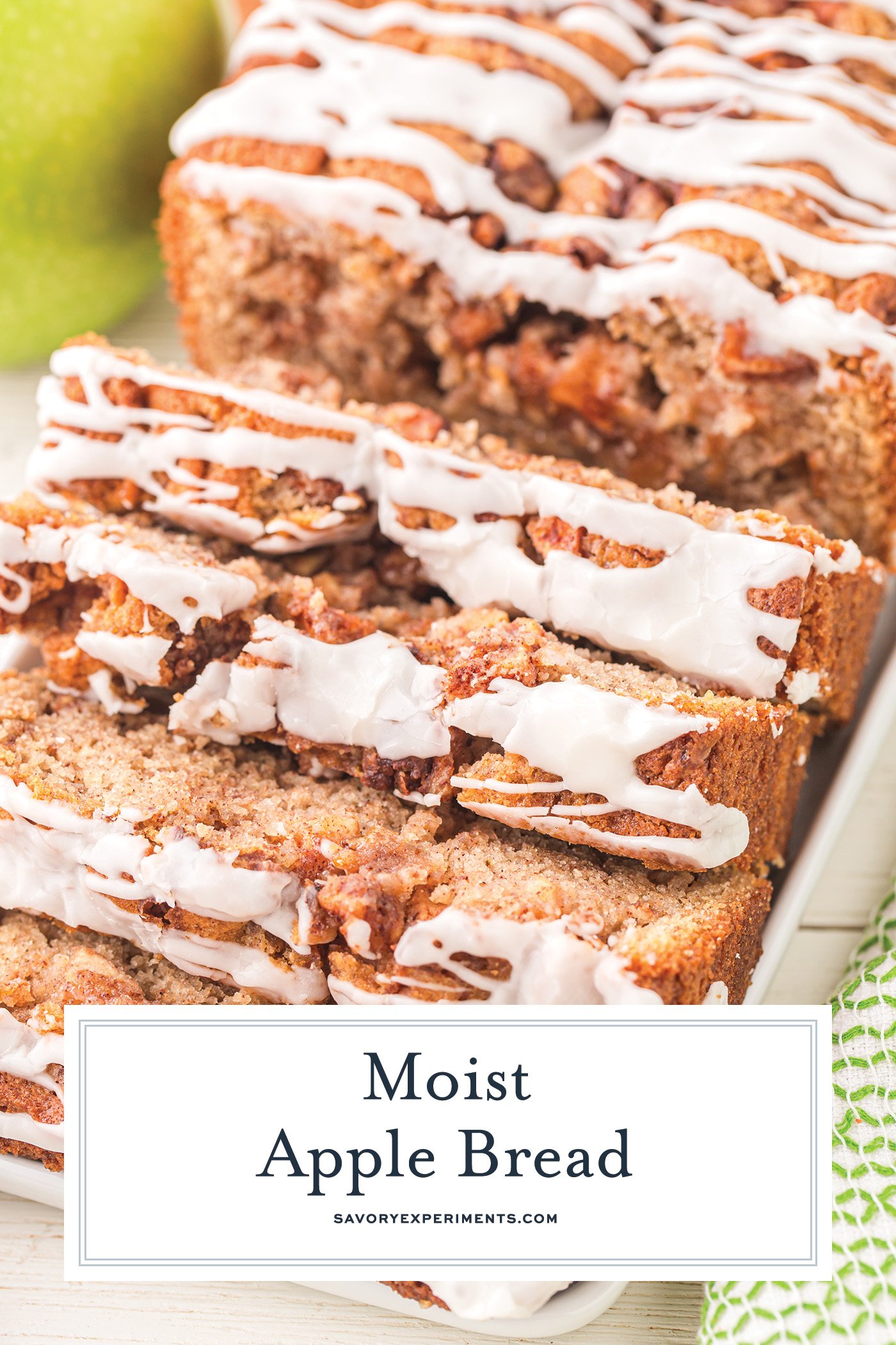 close up angled shot of sliced apple bread with text overlay for pinterest
