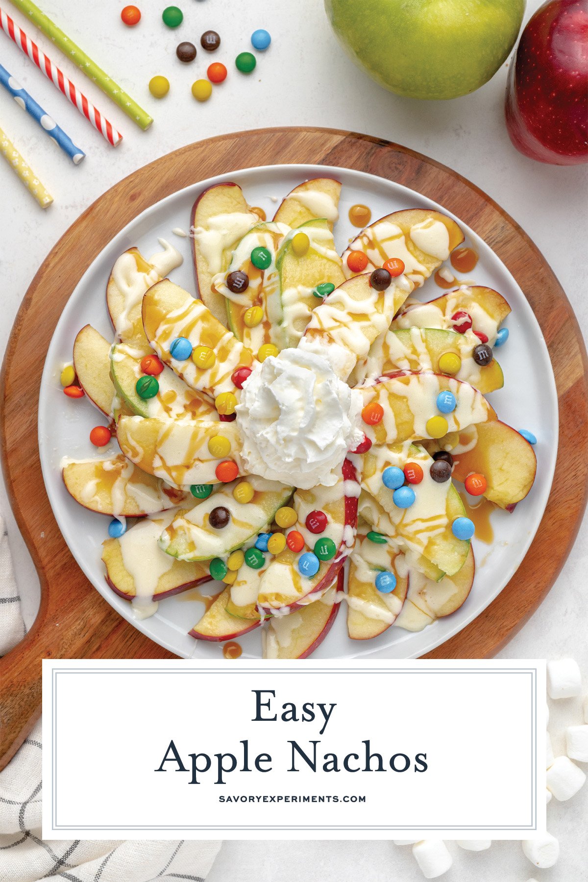 close up overhead of apple nachos for pinterest