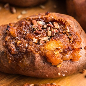 close up angled shot of apple spiced stuffed sweet potato