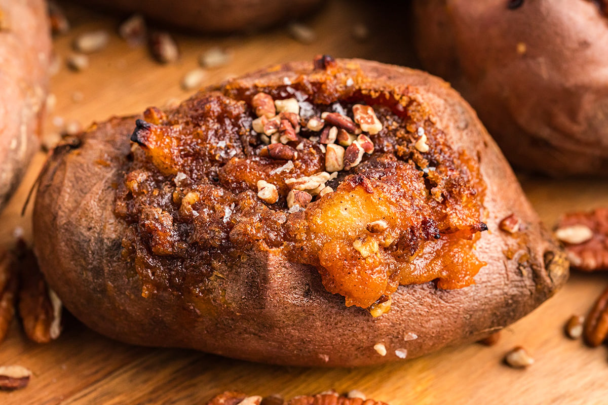 close up angled shot of apple spiced stuffed sweet potato