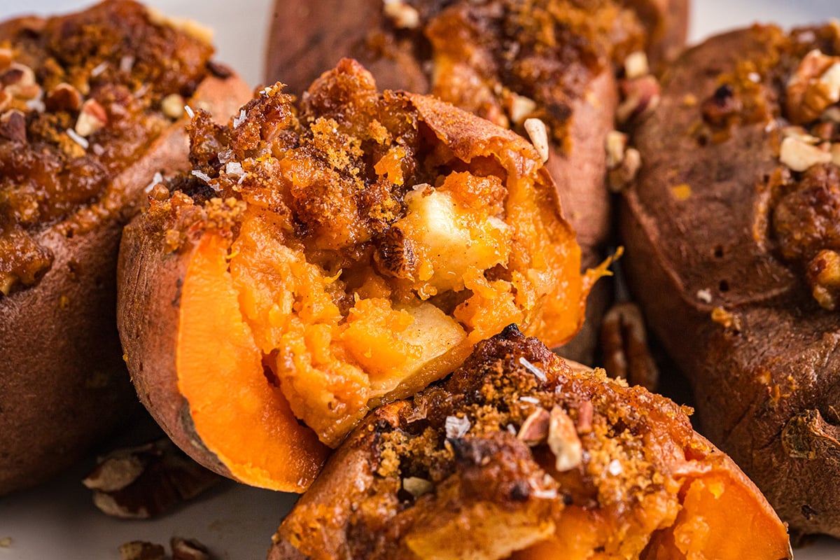 close up of stuffed sweet potato cut in half