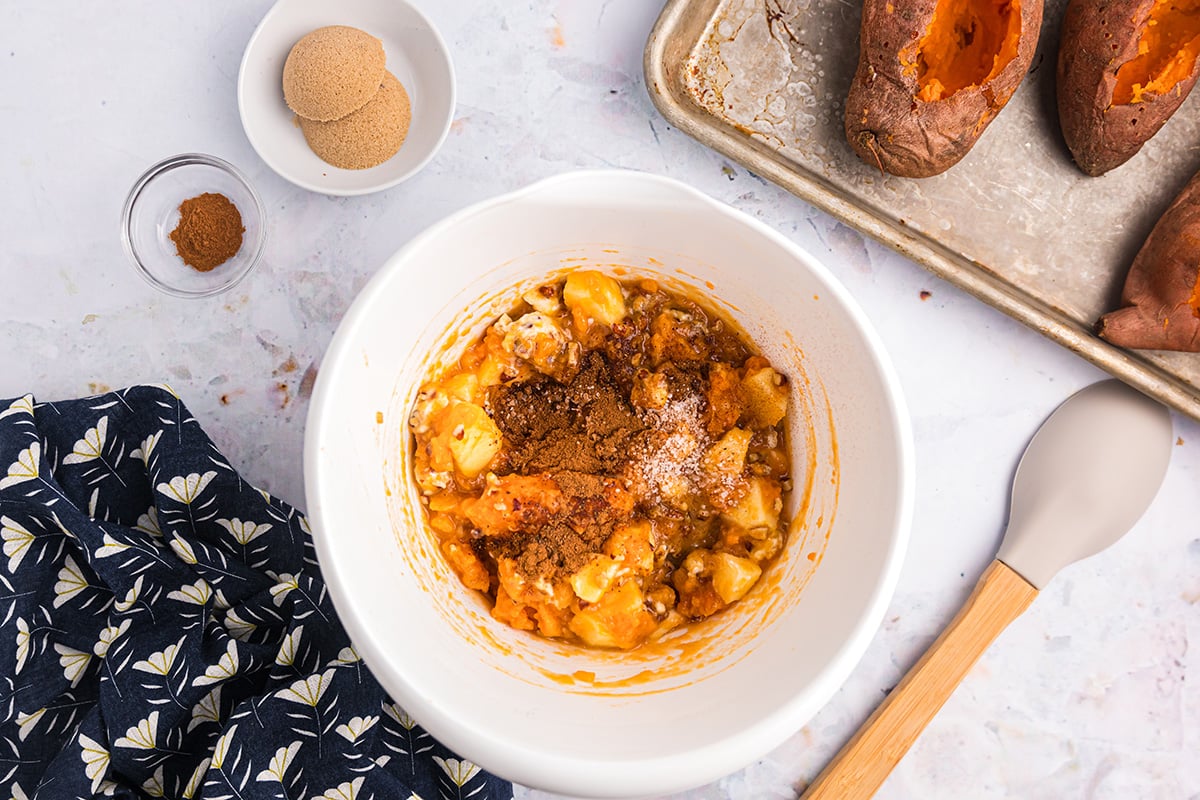 sweet potato stuffing ingredients mixed in bowl