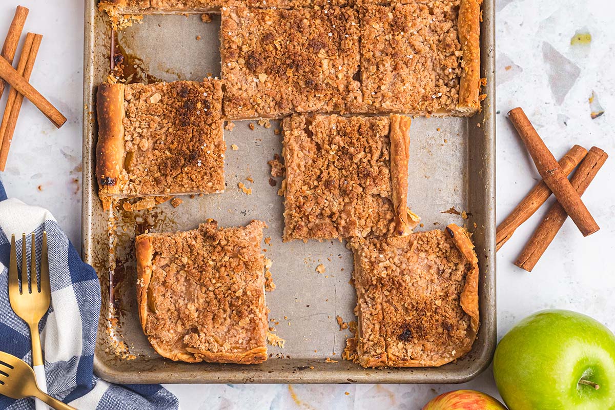 overhead shot of sliced apple slab pie