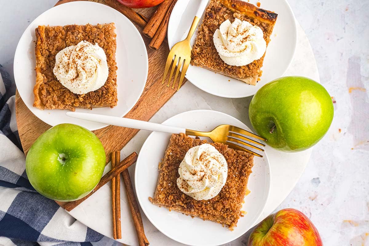 overhead shot of three slices of apple slab pie