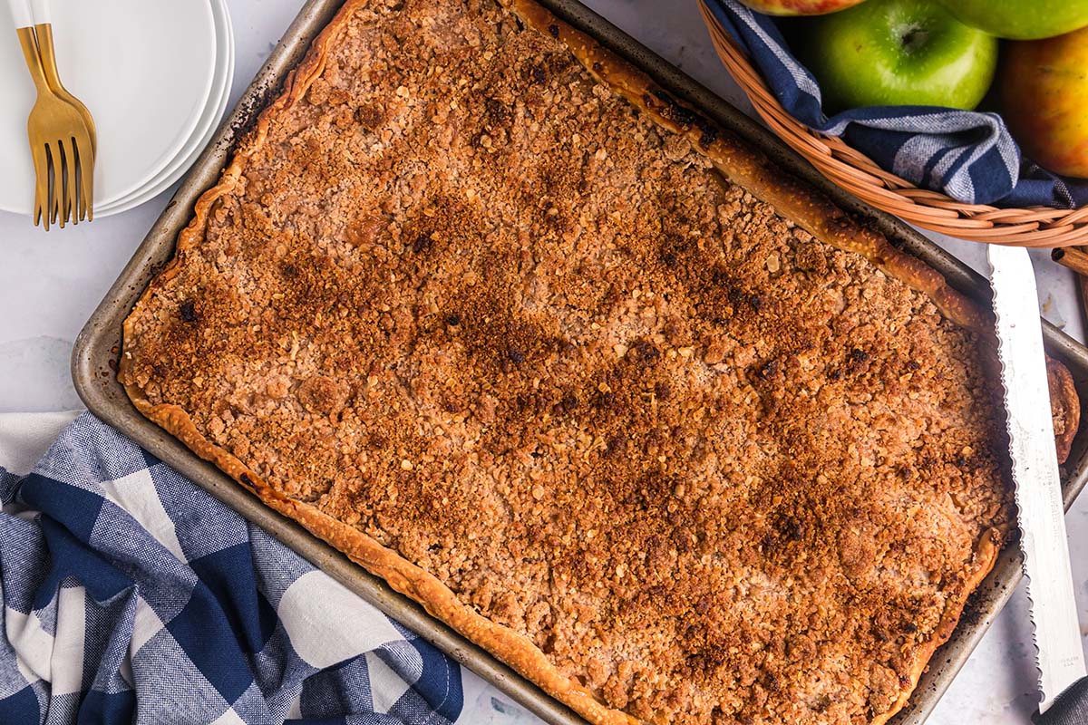 overhead shot of baked apple slab pie