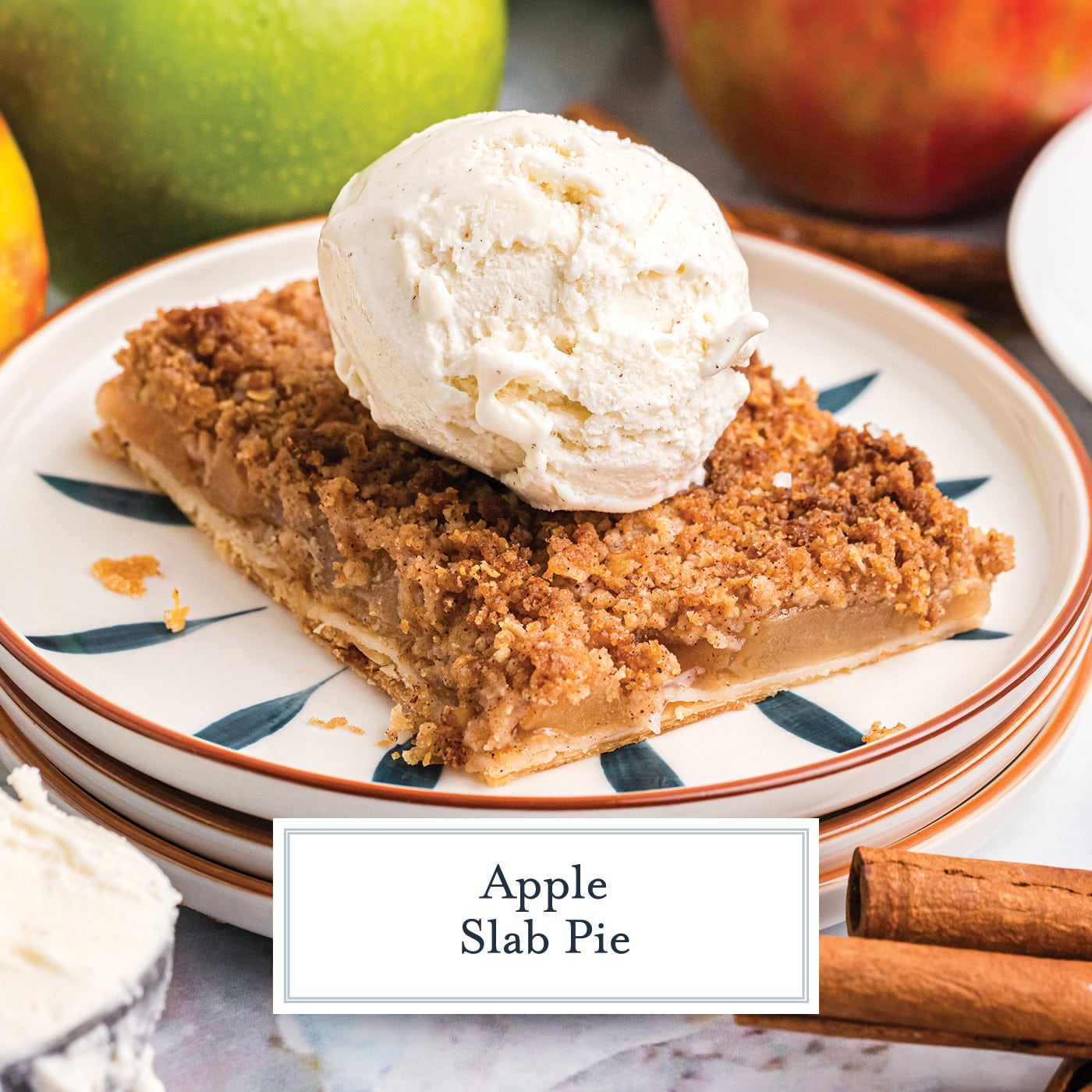 slice of apple slab pie on plate with text overlay for facebook