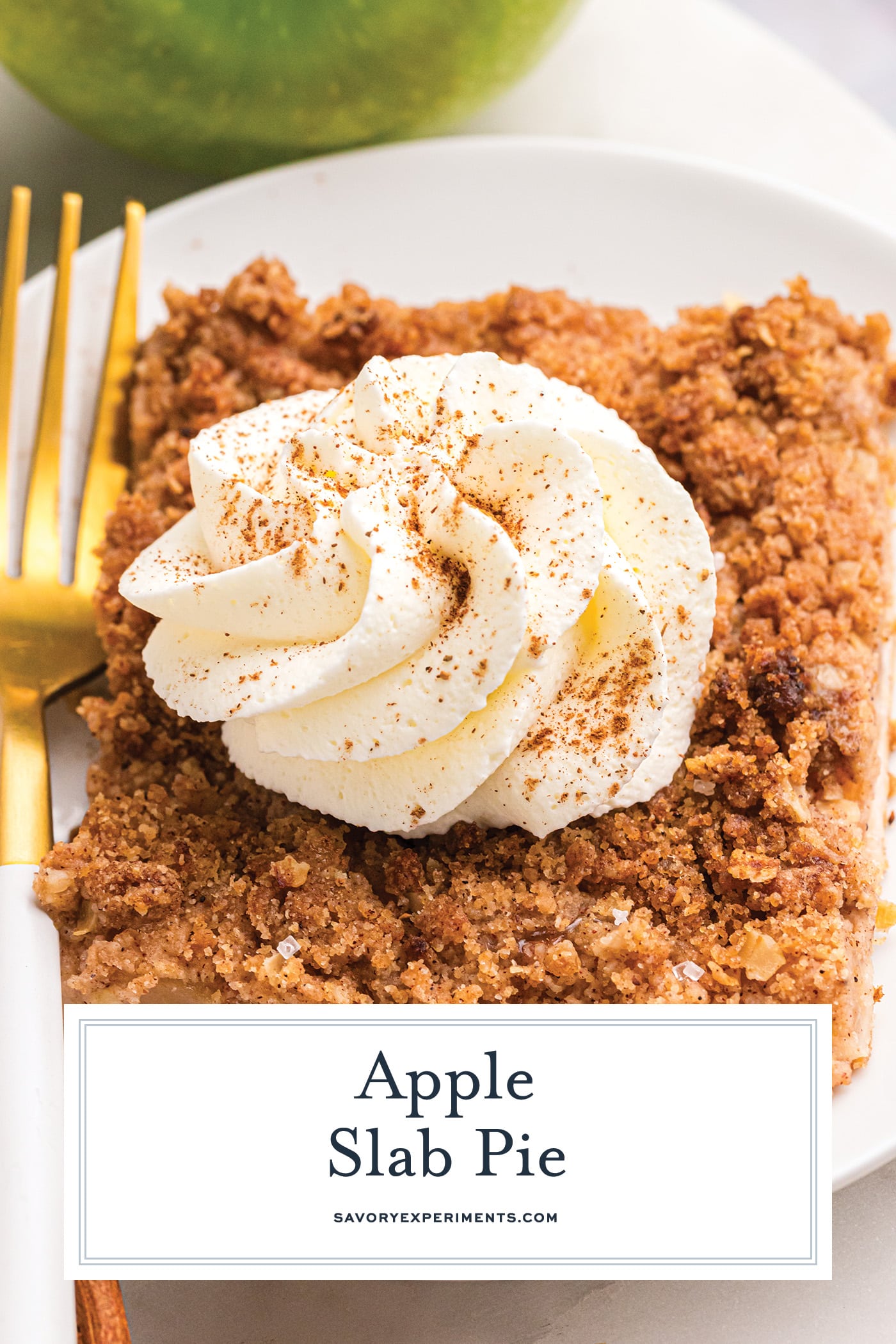 whipped cream on top of slice of apple slab pie with text overlay for pinterest