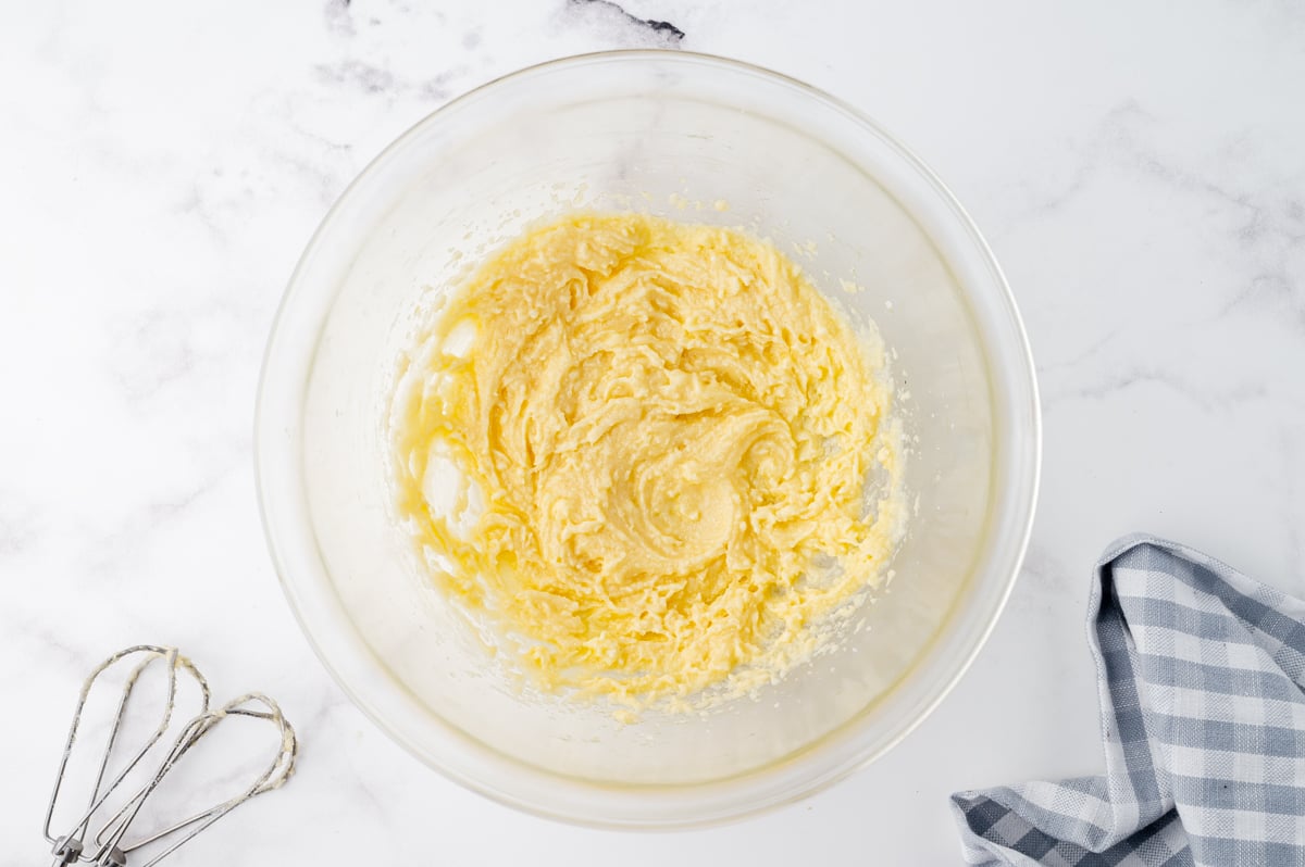 mixing bowl with creamed sugar and butter