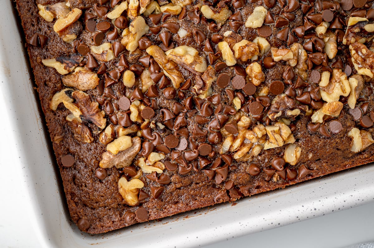 angle overhead of brownies with nuts and chocolate chips