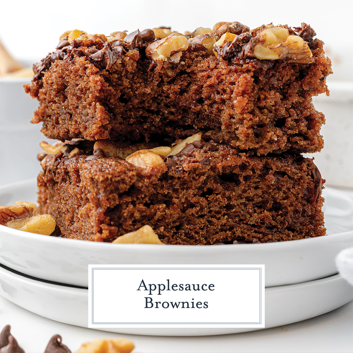 stack of applesauce brownies with text overlay