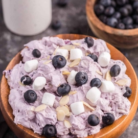 angled shot of bowl of blueberry fluff