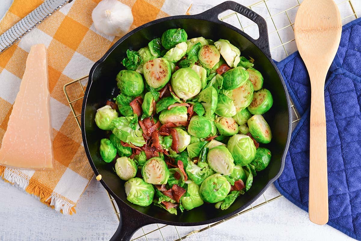 bacon and brussels sprouts in pan