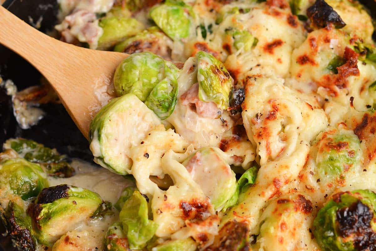 close up of spoon in pan of brussels sprouts au gratin