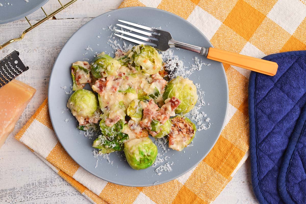 overhead shot of brussels sprouts au gratin on plate