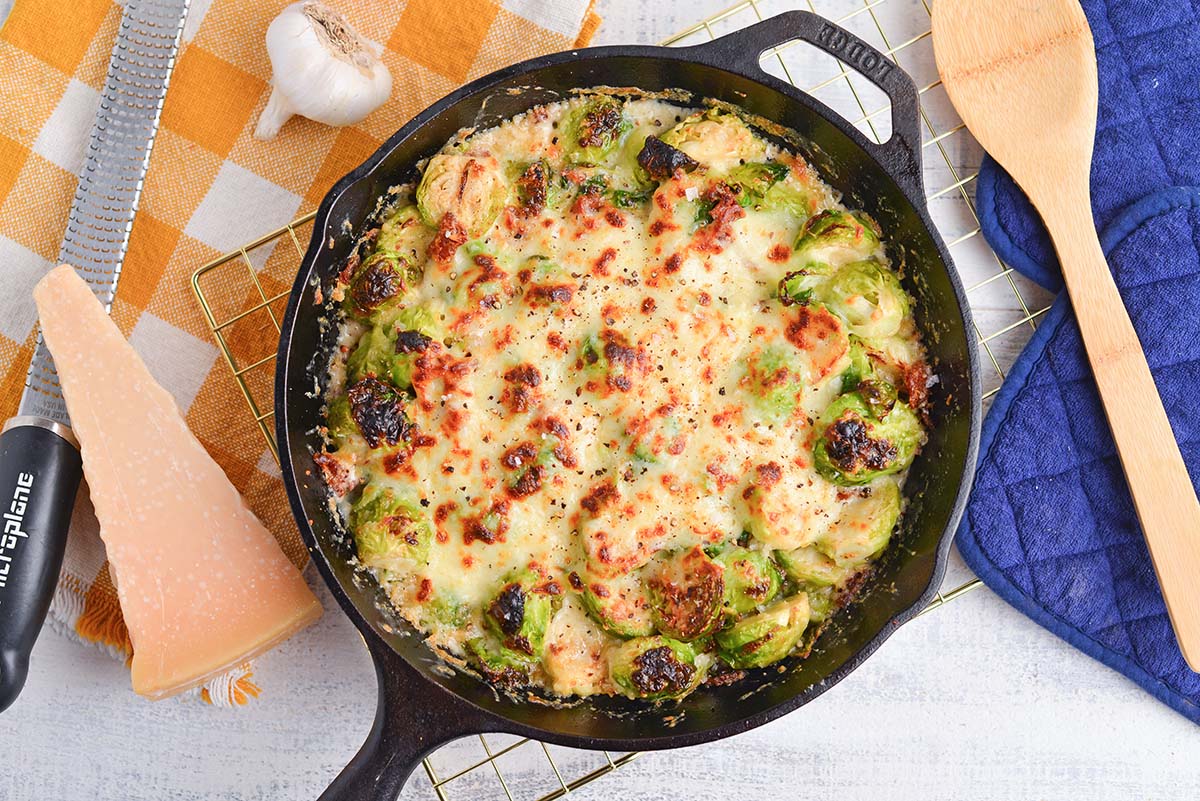 overhead shot of baked brussels sprouts au gratin