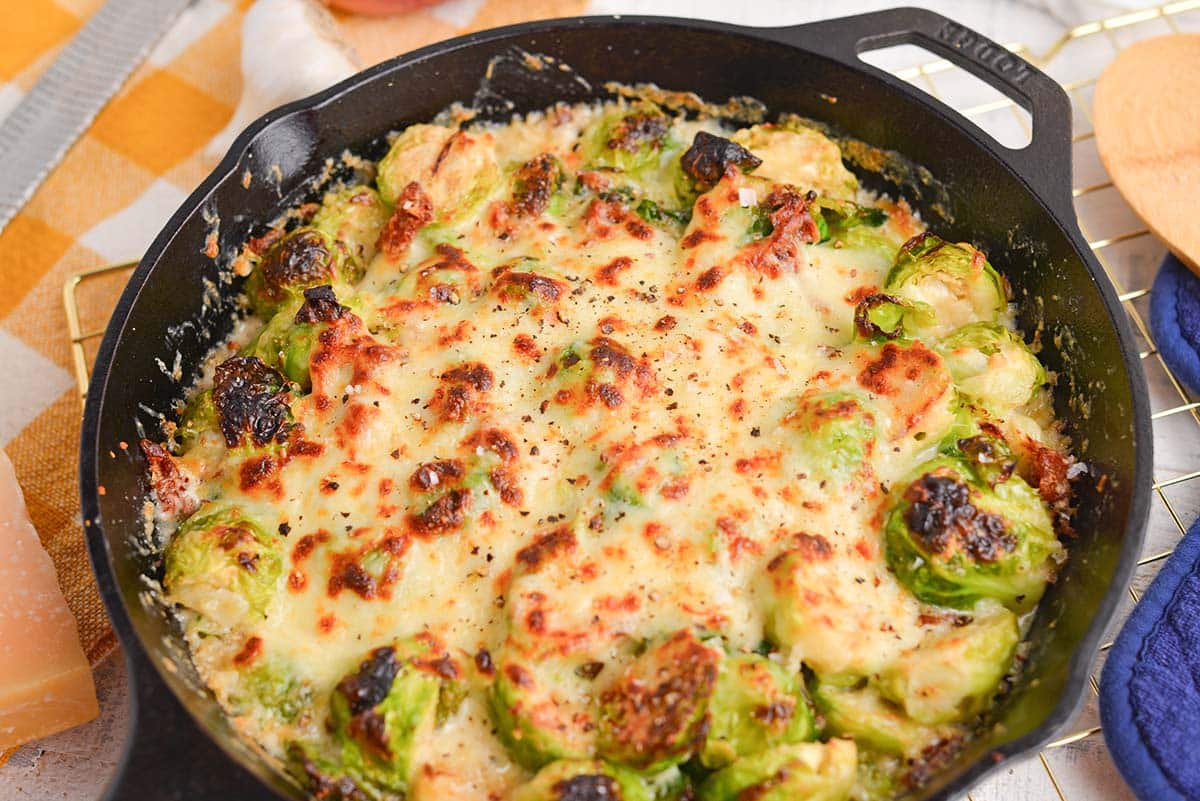 angled shot of brussels sprouts au gratin in pan