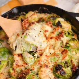 angled shot of spoon in pan of brussels sprouts au gratin