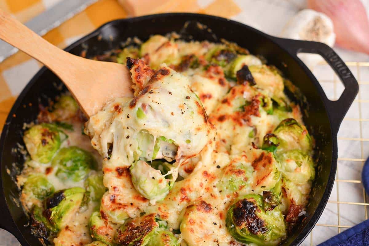 angled shot of spoon in pan of brussels sprouts au gratin