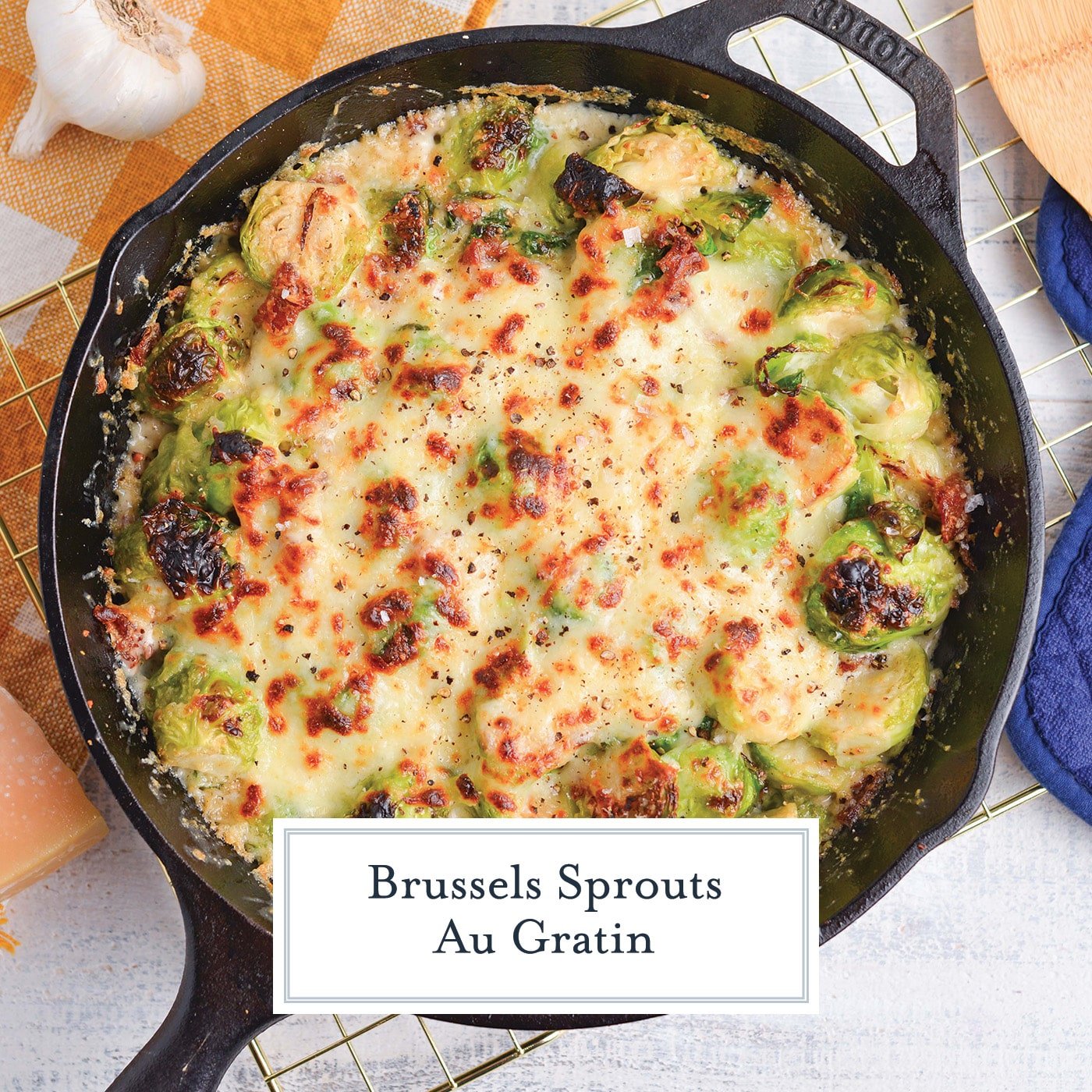 overhead shot of pan of brussels sprouts au gratin with text overlay for facebook