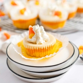 candy corn cheesecake with muffin wrapper removed