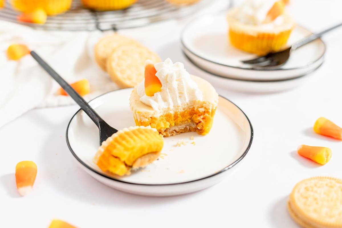 fork removed of cheesecakes that looks like candy corn