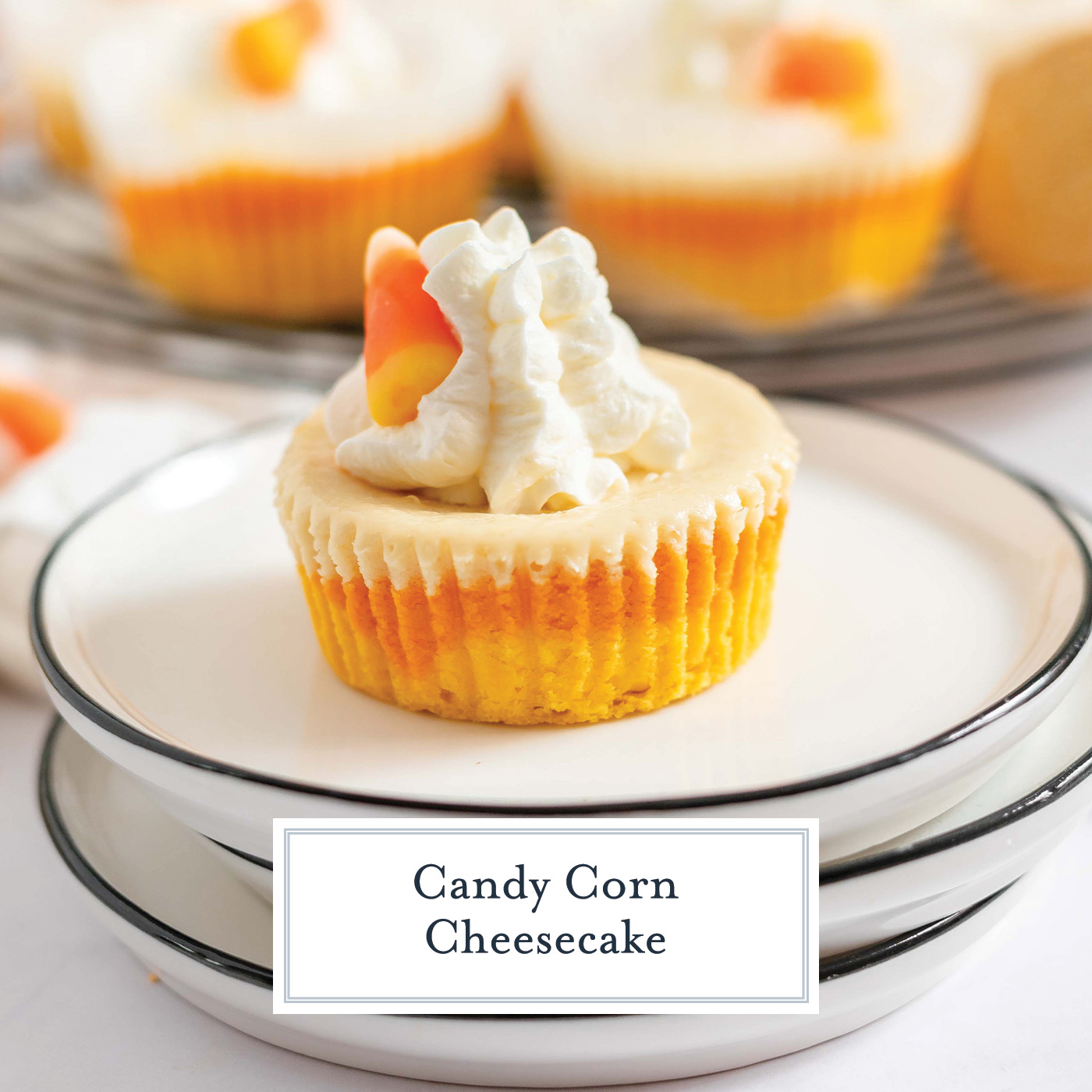 candy corn cheesecake with text overlay