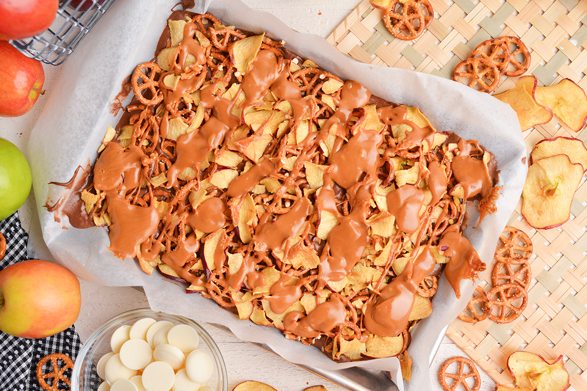 caramel apple bark process image with melted caramel