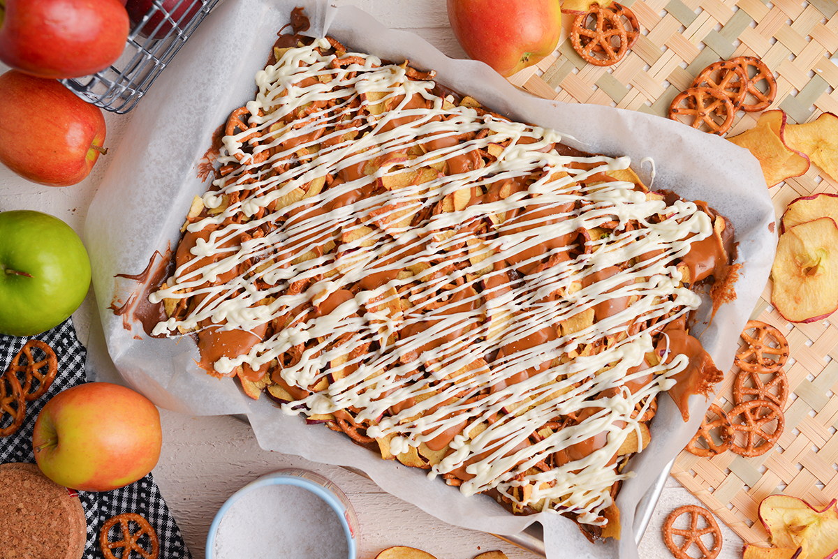 caramel apple bark with a white chocolate drizzle