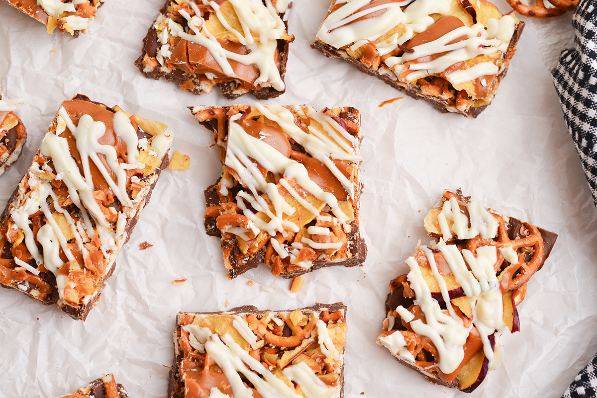 overhead close up of caramel apple bark