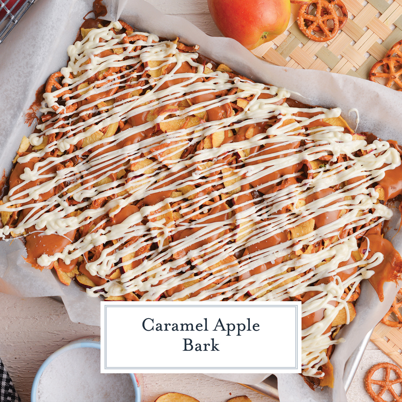 caramel apple bark with text overlay