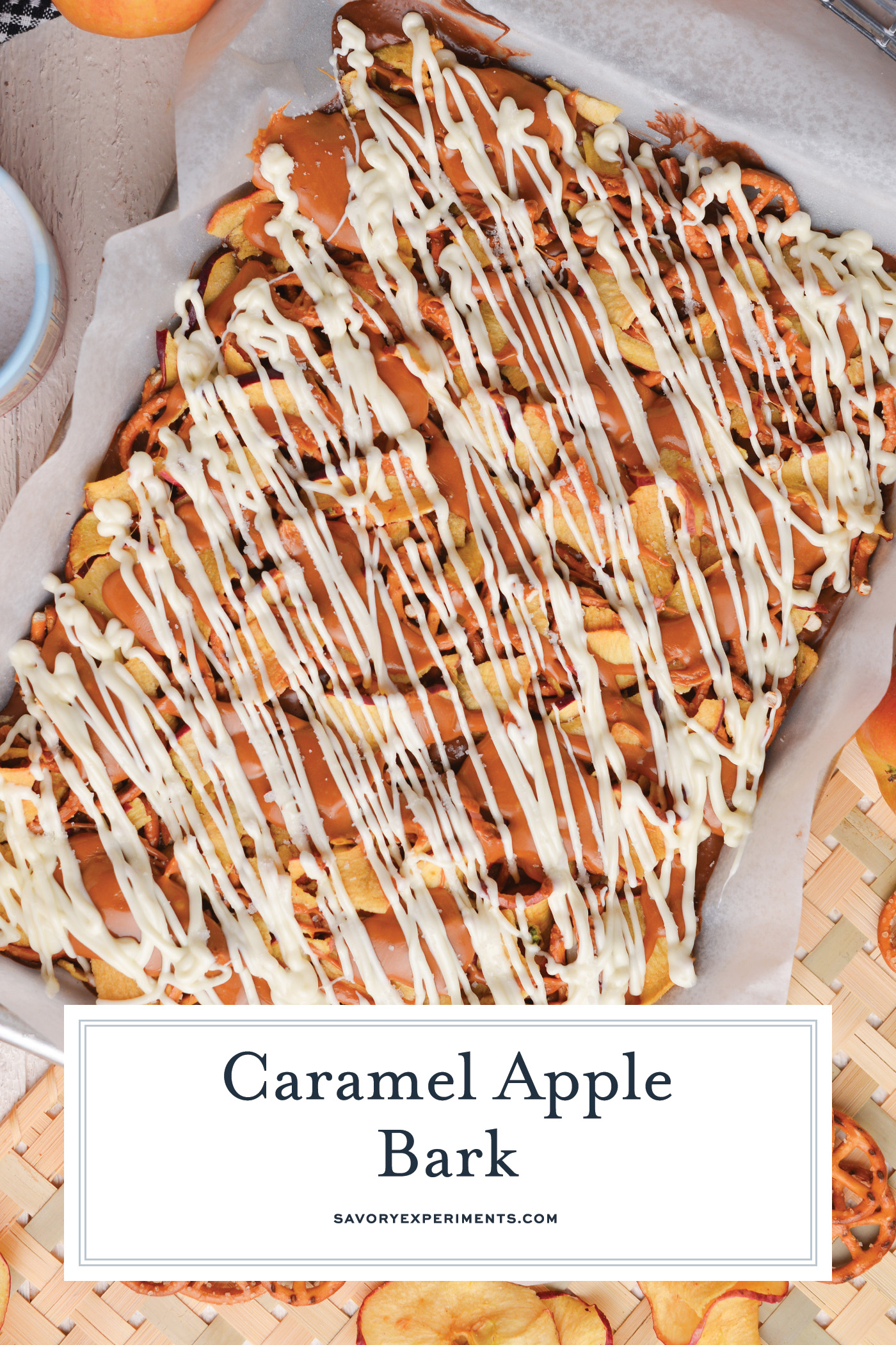 caramel apple bark recipe in a rimmed baking sheet