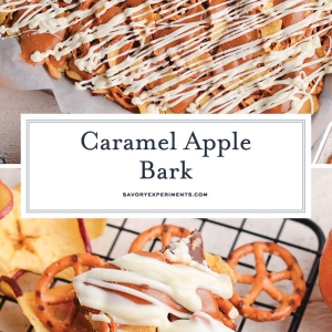 collage of caramel apple bark using dried apples