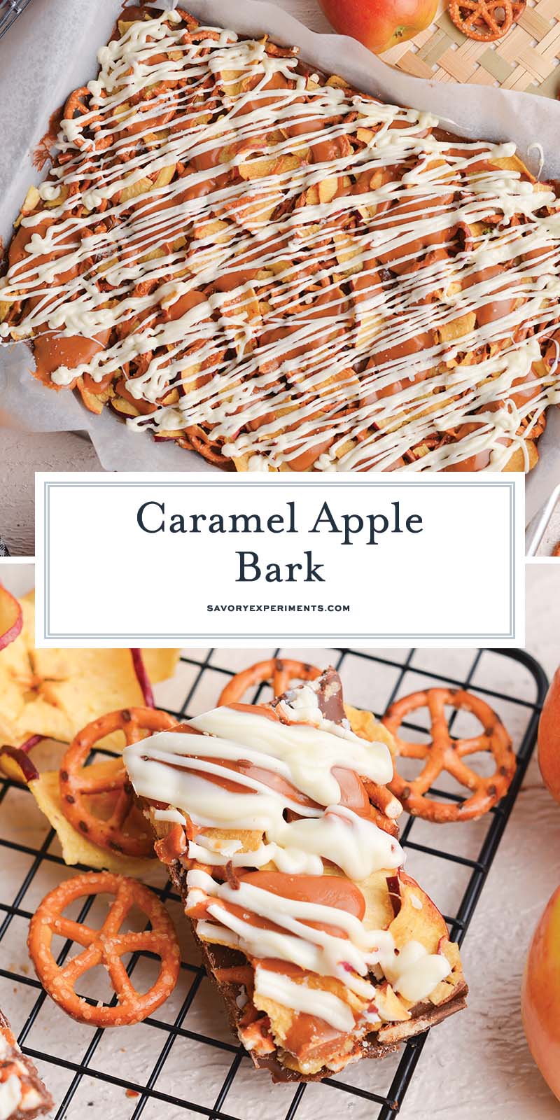 collage of caramel apple bark using dried apples
