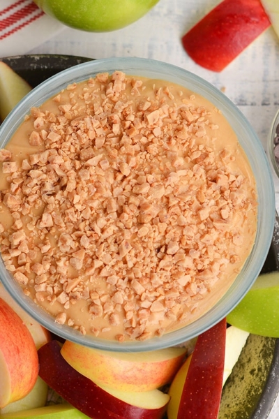 overhead close up of caramel apple dip being served