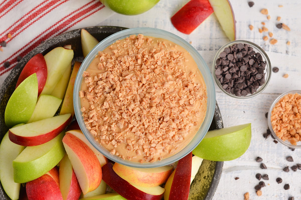 overhead close up of caramel apple dip being served