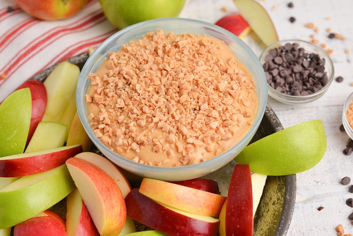 angle close up of caramel apple dip