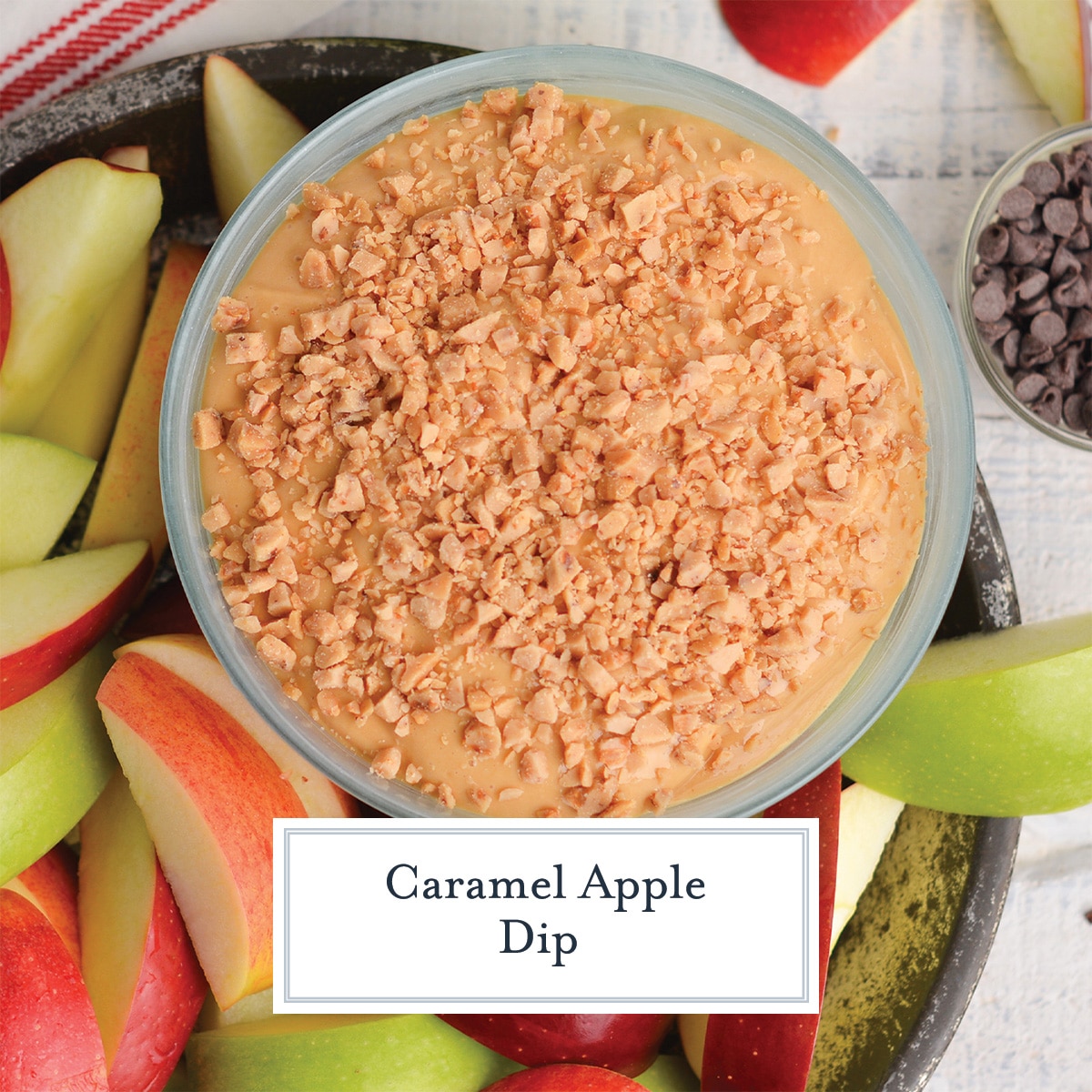 caramel apple dip recipe with text overlay