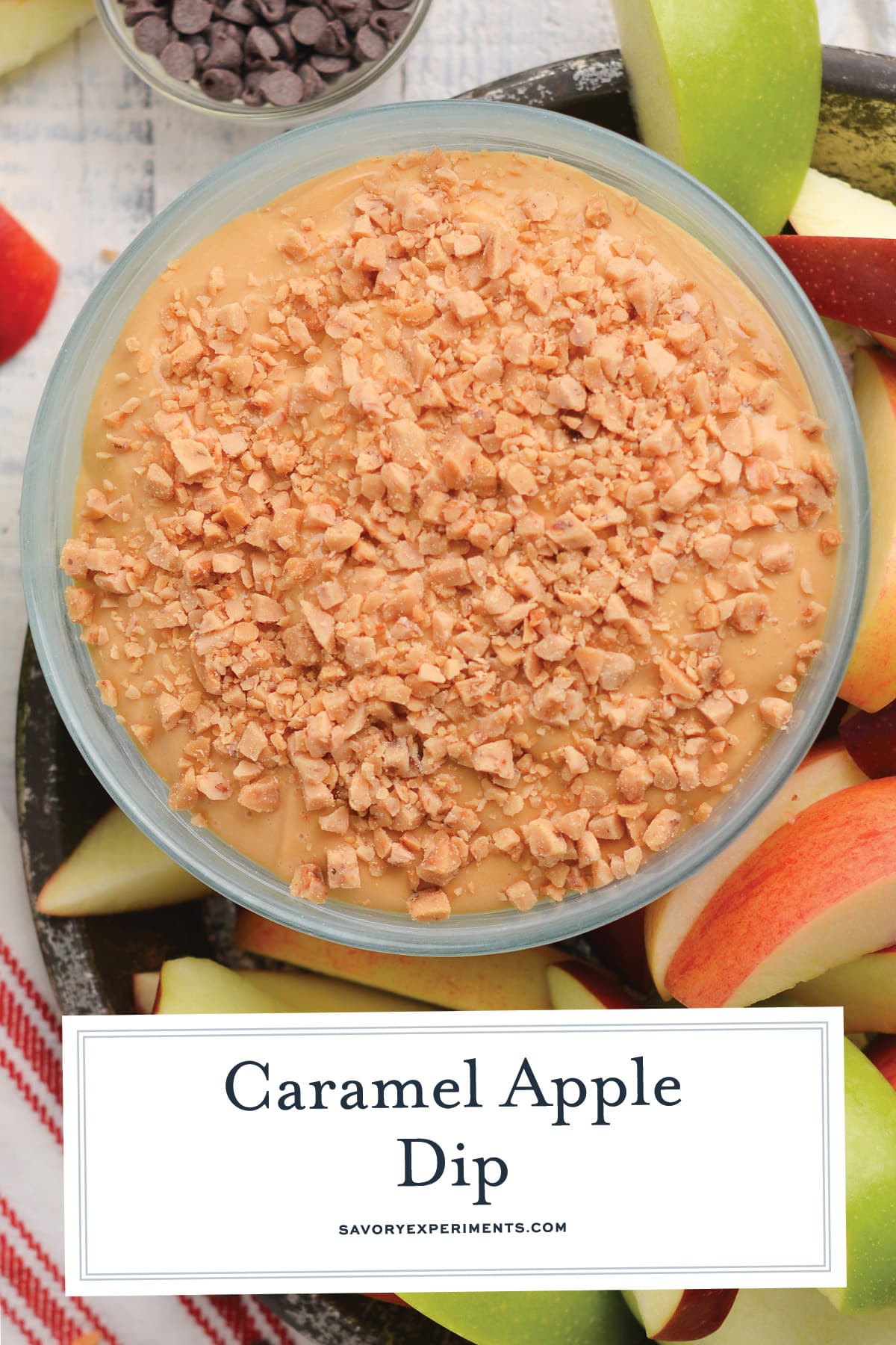 overhead close up of caramel apple dip with text overlay