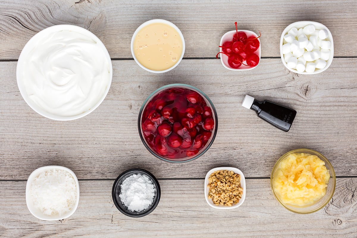overhead shot of classic cherry fluff ingredients
