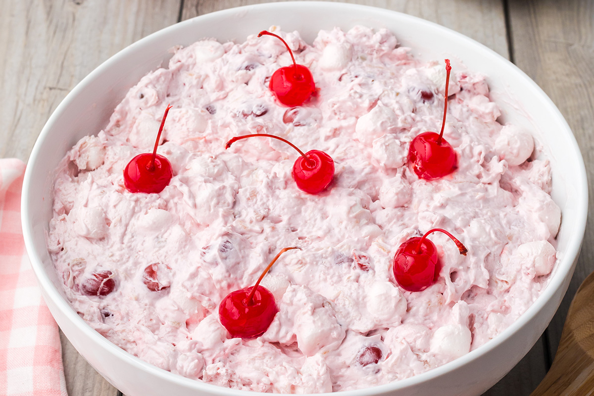 angled shot of bowl of classic cherry fluff