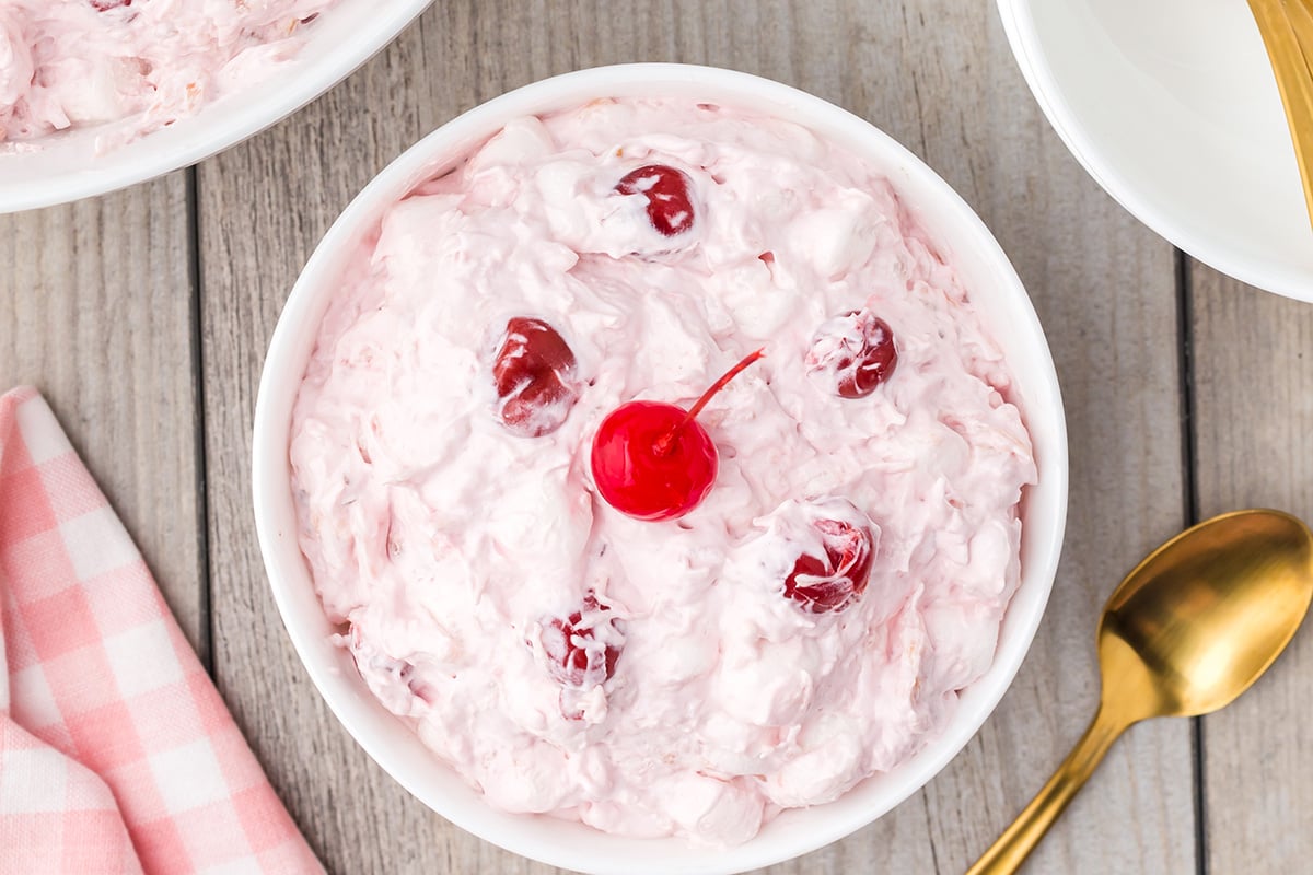 overhead shot of bowl of classic cherry fluff