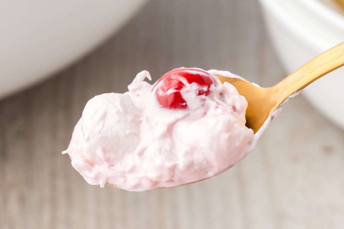 close up of cherry fluff on spoon