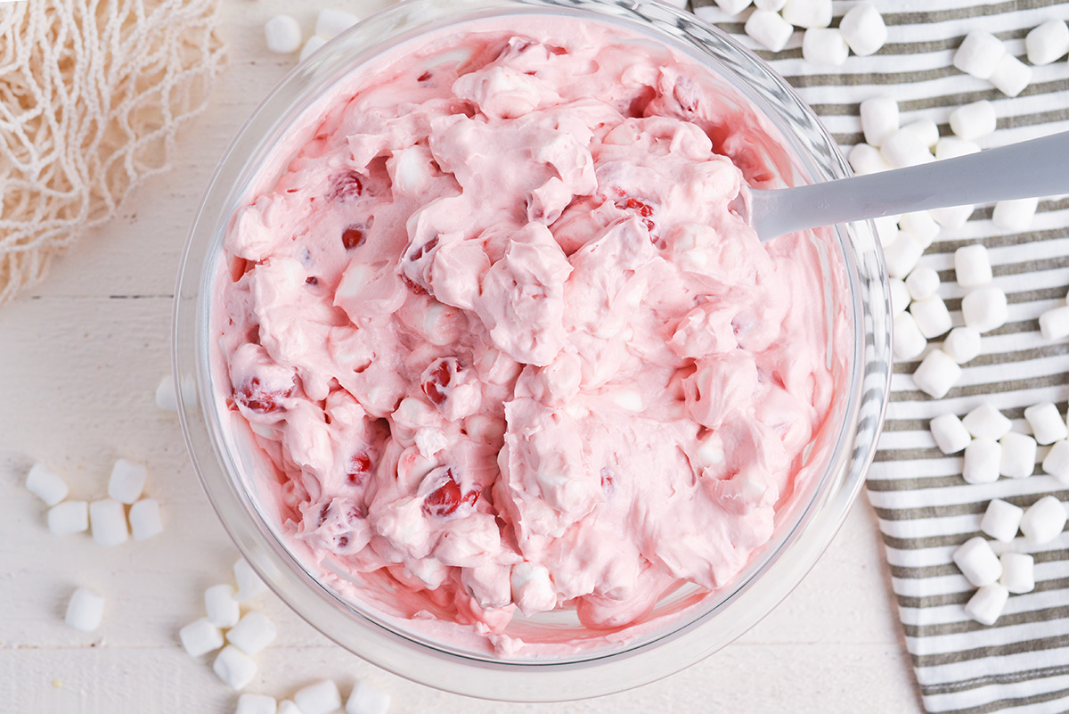 overhead shot of bowl of cherry fluff