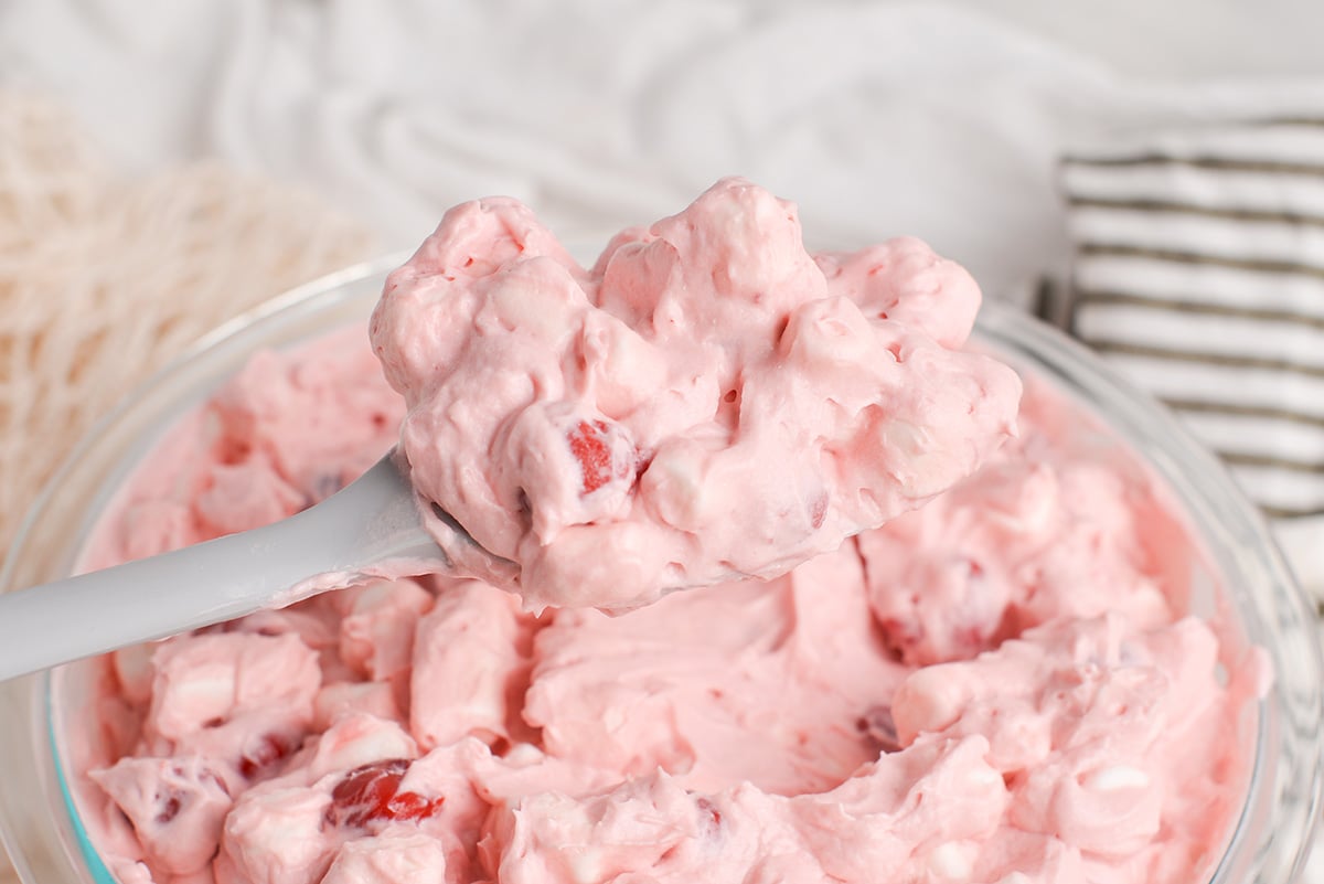 close up of cherry fluff on rubber spatula