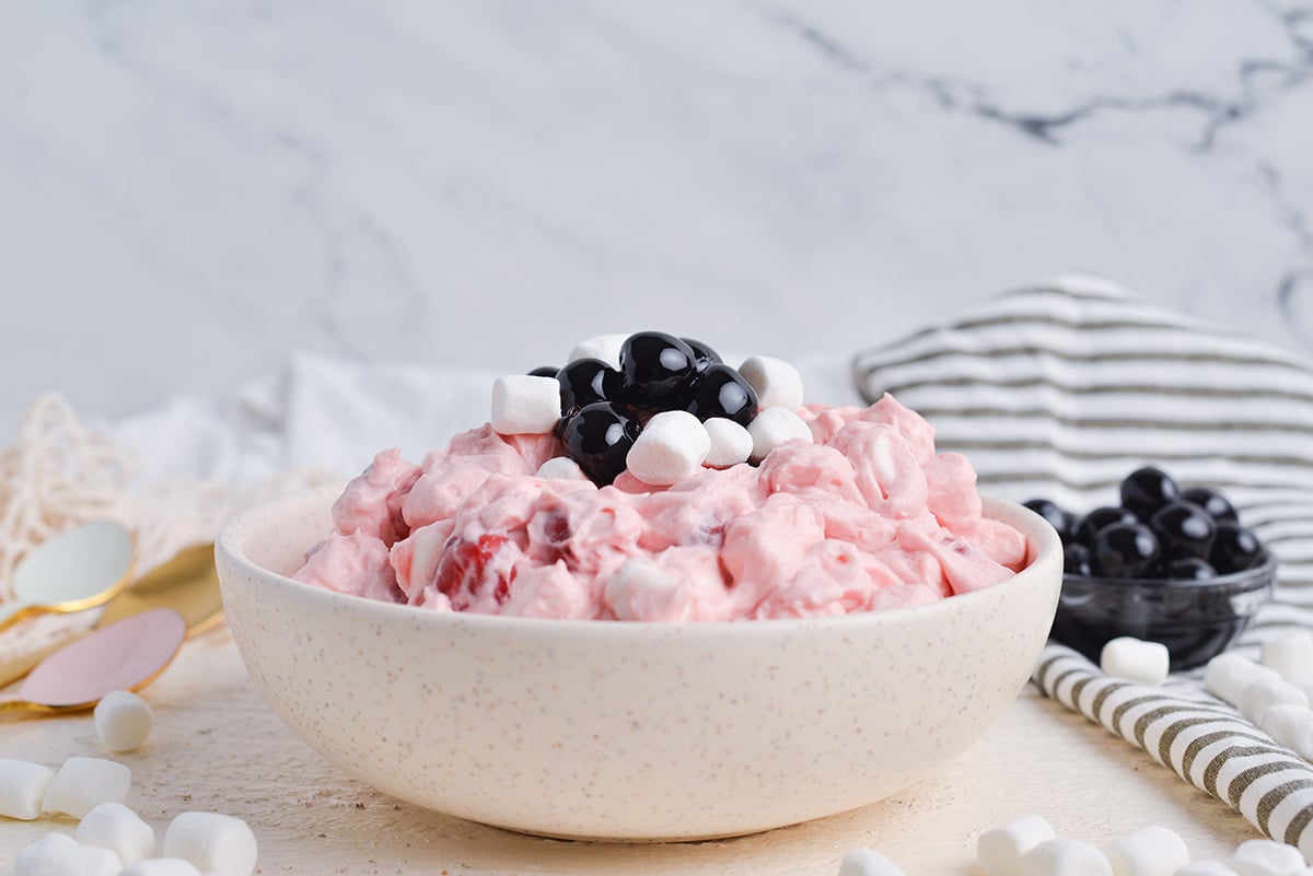 straight on shot of bowl of cherry fluff without pineapple