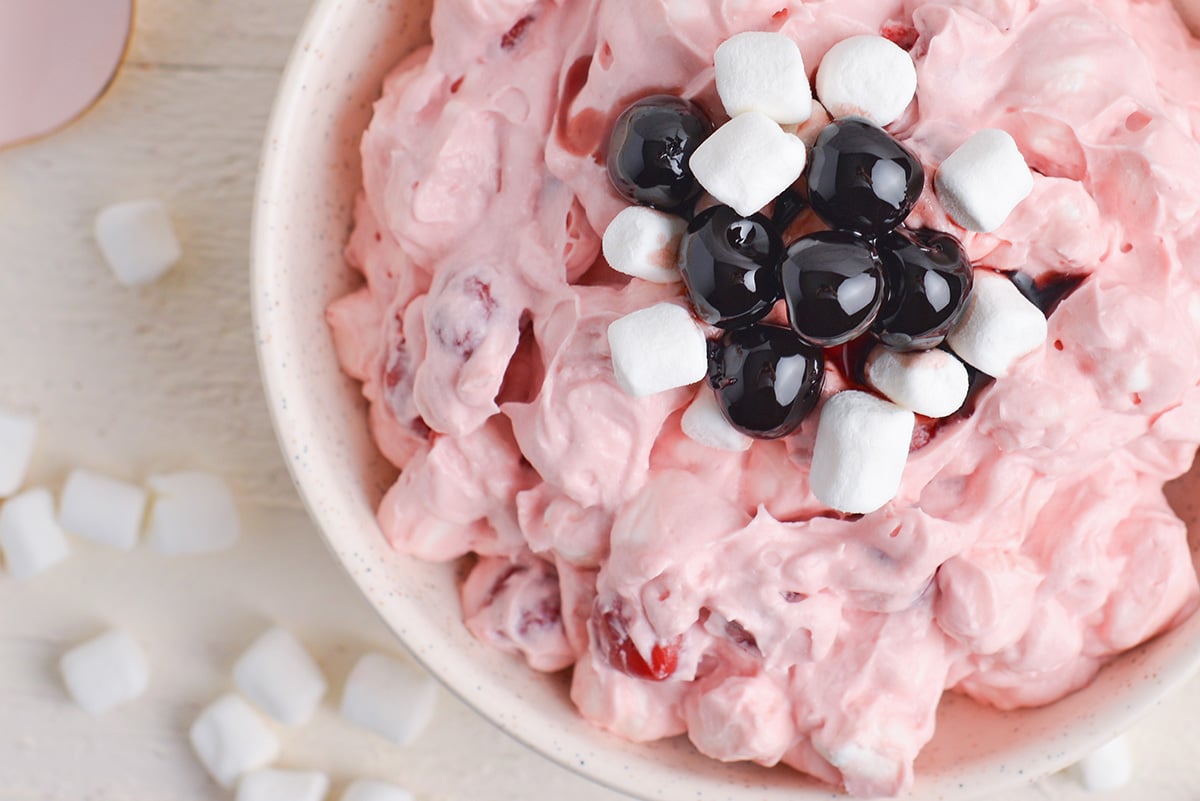 close up overhead shot of bowl of cherry fluff without pineapple