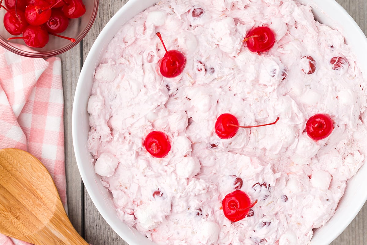 overhead shot of bowl of cherry fluff