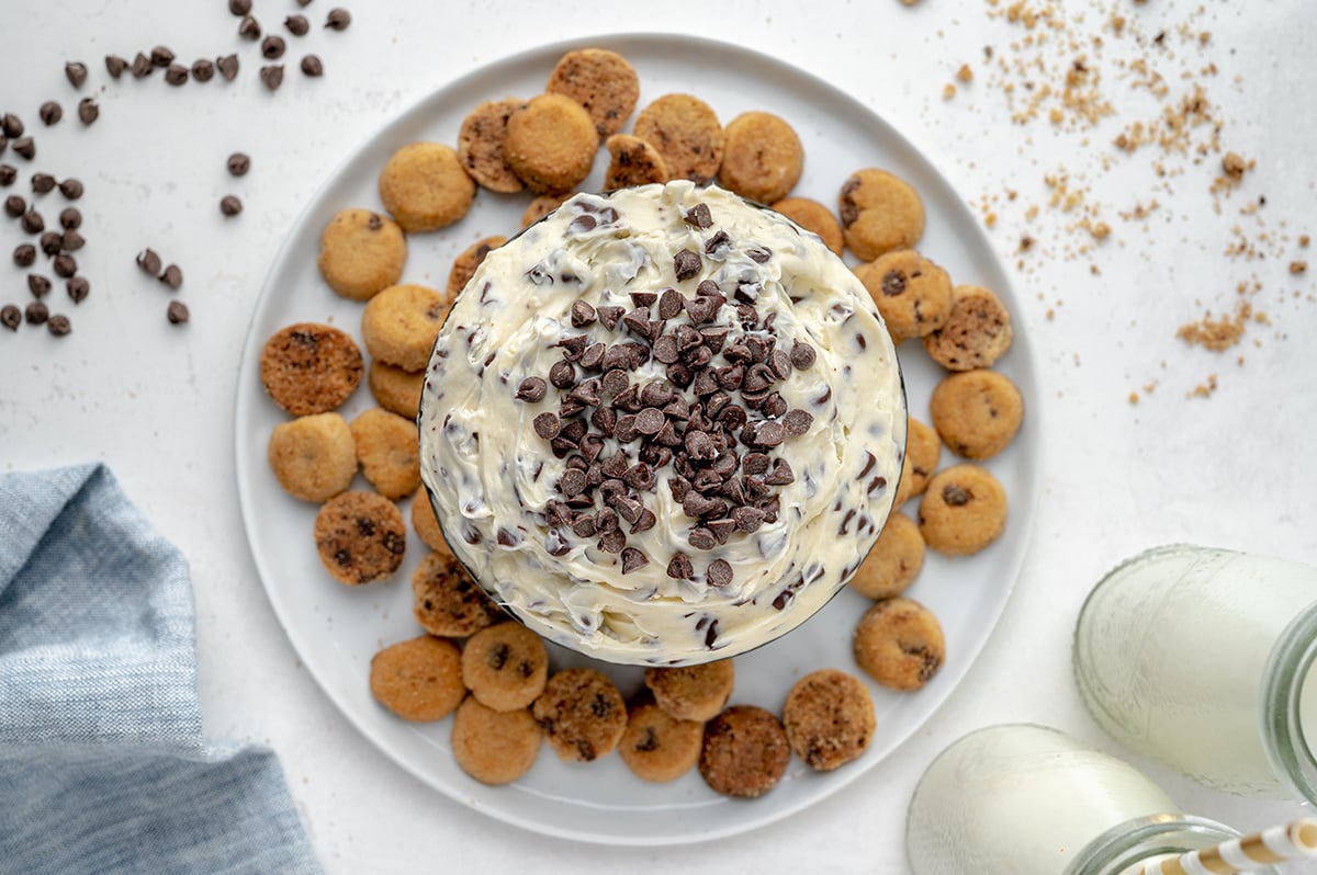 overhead bowl of cookie dough with mini chocolate chip cookies