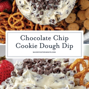 collage of chocolate chip cookie dough with a text overlay